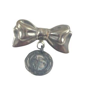 Vintage Silver Bow Brooch With Dangling Medallion